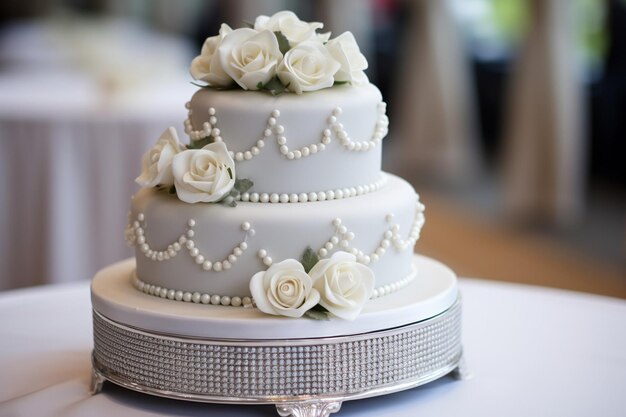 Vicino alla torta nuziale con fiori rosa di alta qualità