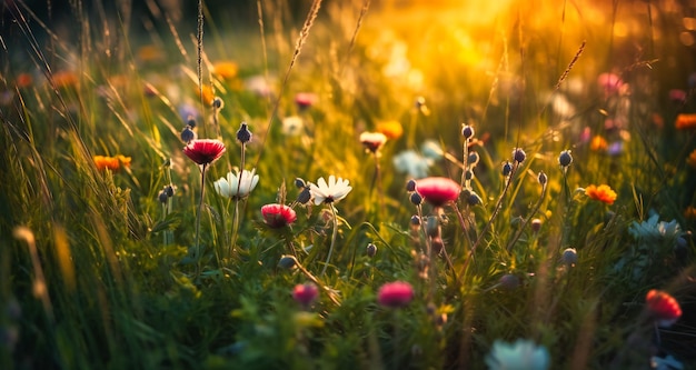 vicino erba verde con fiori colorati in un campo