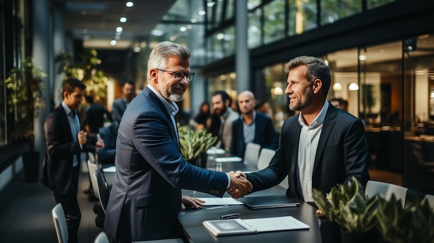 Vicino leader femminile e uomo d'affari che si stringono la mano congratulazioni per il contratto di successo Manager che fa un affare di affari su applausi mani collega a meeitng Conferma il gesto di stretta di mano di successo