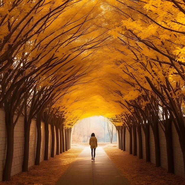 vicolo autunnale con alberi gialli sui lati bellissimo paesaggio naturale