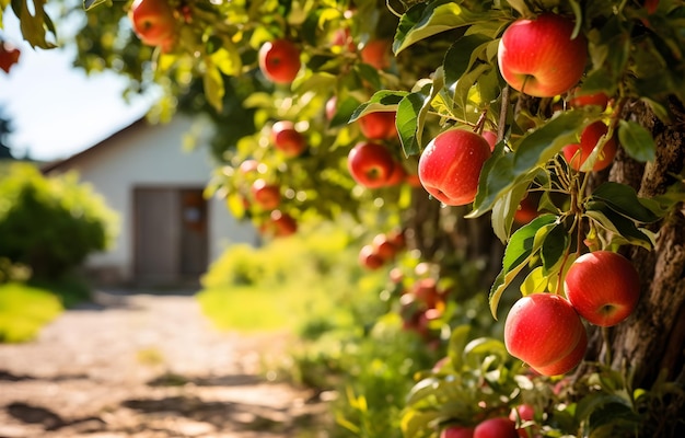vicolo con alberi di mele e frutti di mele su di loro giorno d'estate