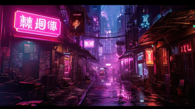 Vicolo cyberpunk illuminato al neon con elementi futuristici Vicolo cybernetico futuristico illuminato da luminose luci al neon