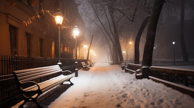 Vicolo del parco invernale con panchina sullo sfondo delle nevicate con tecnologia generativa AI