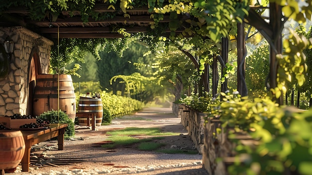 Vicolo della vigna con alberi e botti di vino sullo sfondo