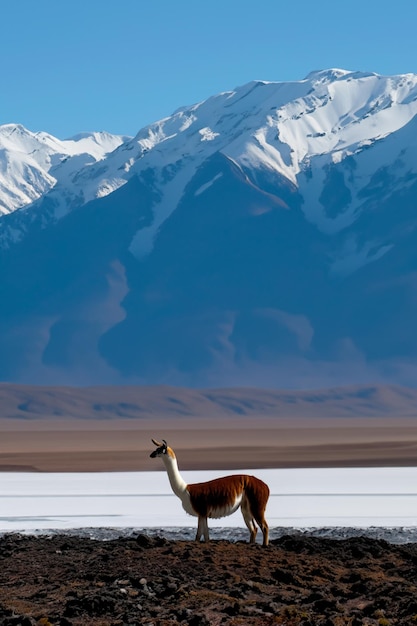 Vicua Llama Alpaca nel mezzo di un paesaggio di montagne innevate nelle Ande peruviane