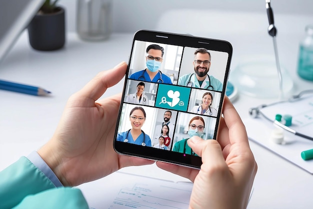 Video dell'utente che chiama un medico utilizzando un'app di assistenza sanitaria sul suo smartphone e un team medico professionale collegato concetto di consultazione medica online