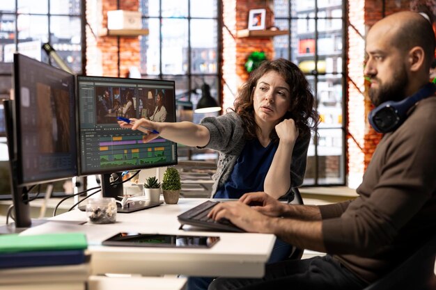 Video editors team working with AI chatbot and montage maker software