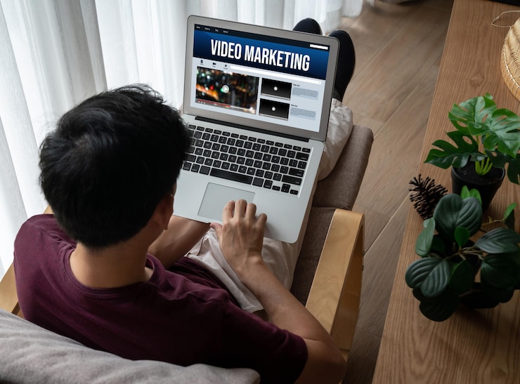 Photo video marketing concept on laptop screen snugly