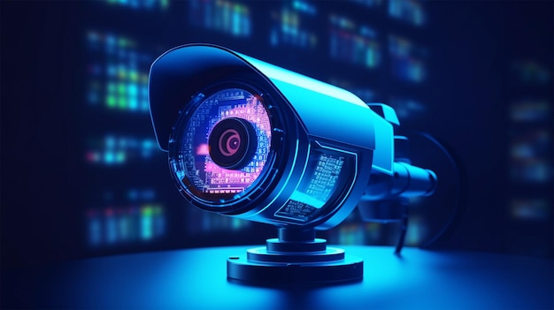 Videocamera di sicurezza portatile contro una superficie scura alla luce al neon