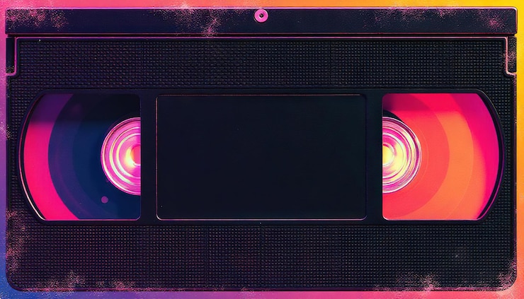 Foto videocassetta vintage con tema color degli anni '80 nastro retro analogico cassetta vhs up close
