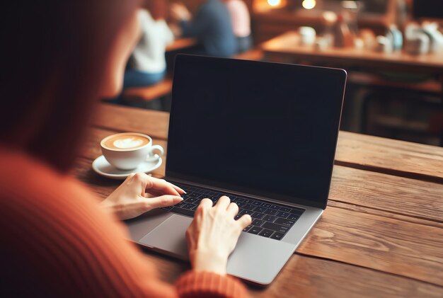 Videoconferenza femminile su laptop in una caffetteria Generative ai