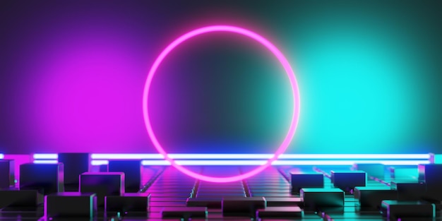 Videogioco di sfondo astratto di giochi di fantascienza cyberpunk vr simulazione di realtà virtuale e scena del metaverso stand piedistallo fase illustrazione 3d rendering futuristica stanza bagliore al neon