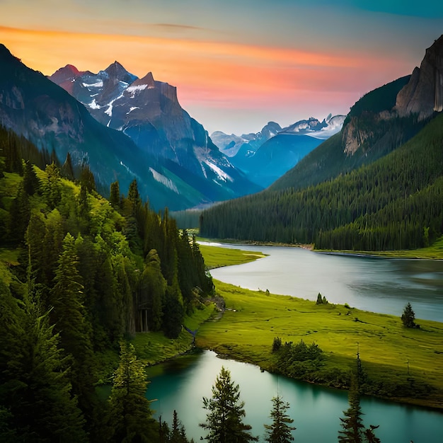 Viene mostrata una catena montuosa con un lago e montagne sullo sfondo.