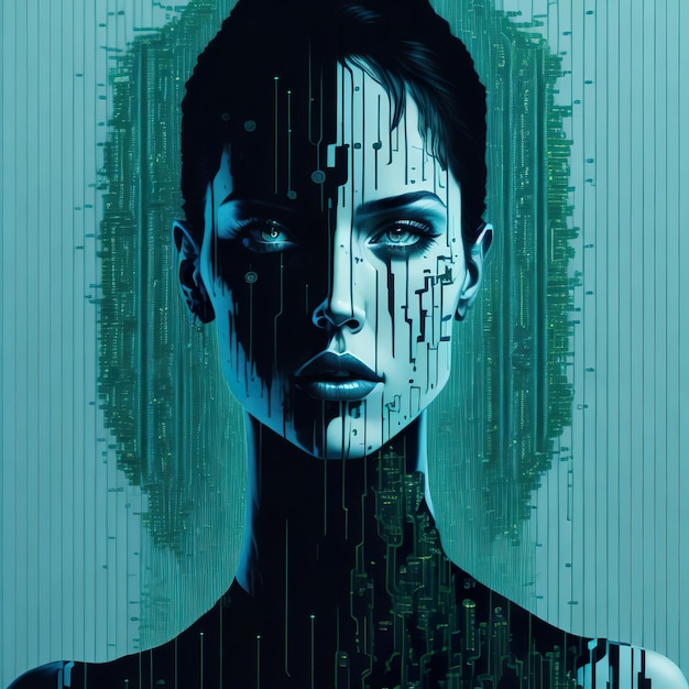 Viene mostrata una donna con il volto bianco e nero con la scritta cyberpunk sul fondo.