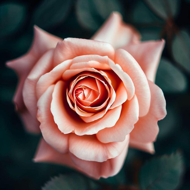 Viene mostrata una rosa con una pianta verde sullo sfondo.