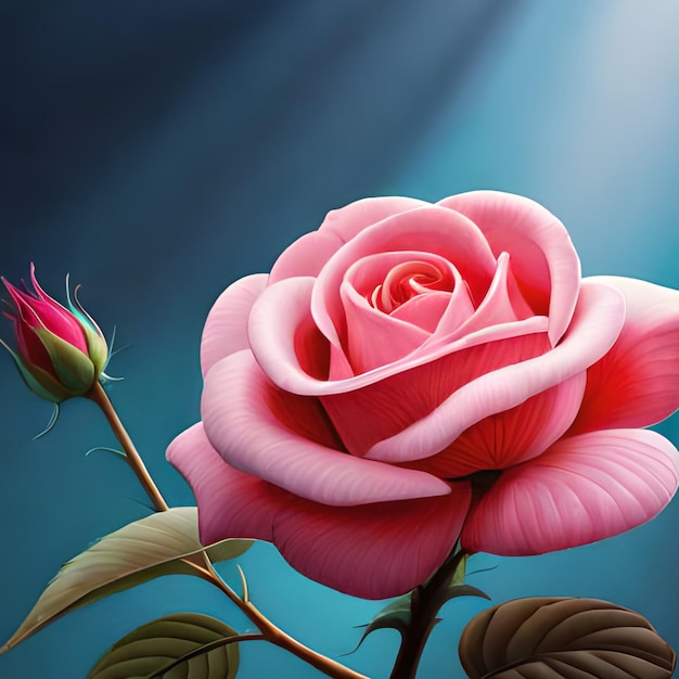 Viene mostrata una rosa rosa con sopra una foglia verde.