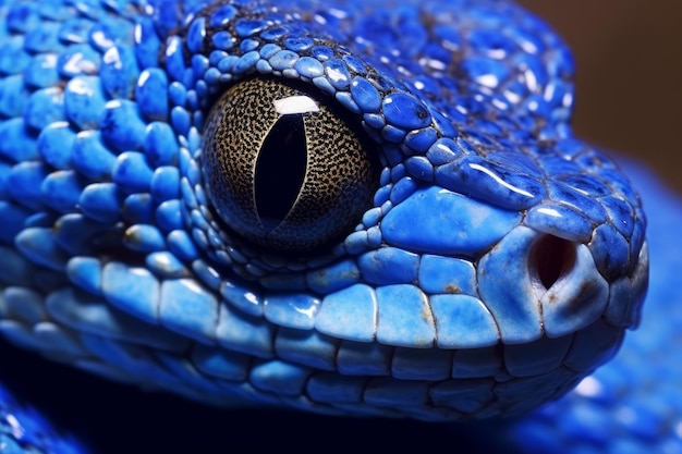 Viene mostrato l'occhio di un serpente blu.