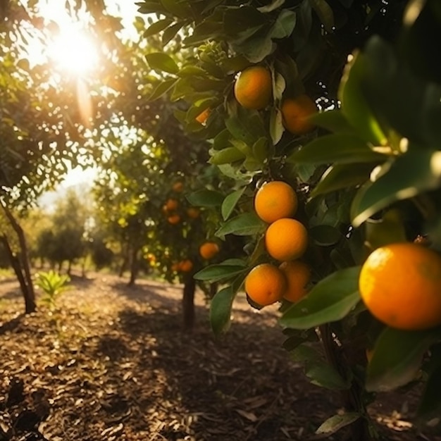 Viene mostrato un boschetto di arance con il sole che splende attraverso gli alberi.