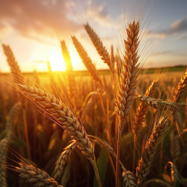 Viene mostrato un campo di grano con il sole che tramonta dietro di esso.