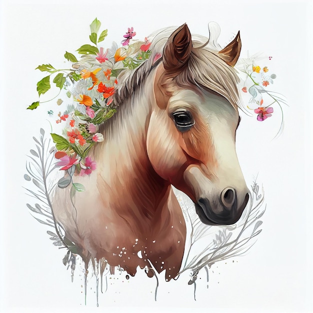 Viene mostrato un cavallo con fiori sulla testa.