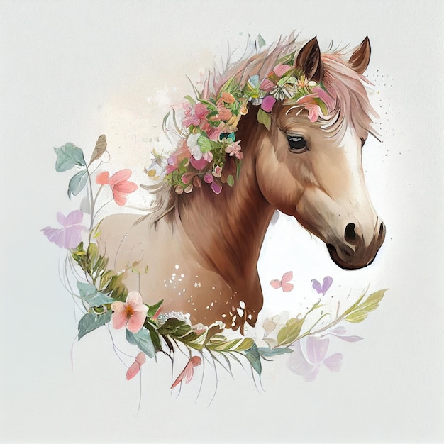 Viene mostrato un cavallo con una corona di fiori in testa.