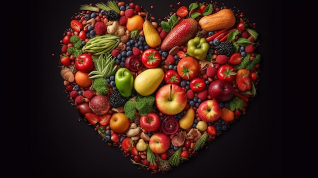 Viene mostrato un cuore di frutta e verdura.