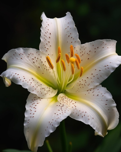 Viene mostrato un fiore bianco con macchie gialle.