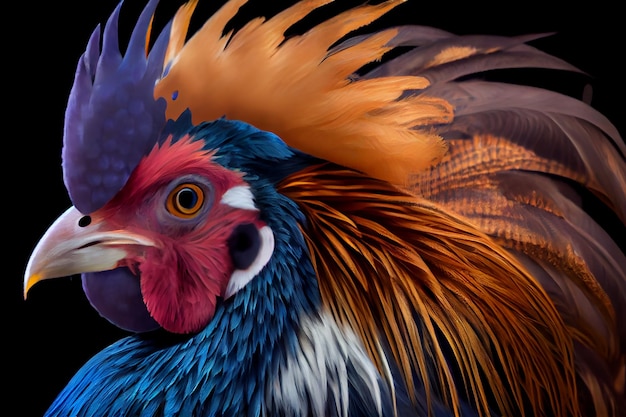 Viene mostrato un gallo colorato con piume arancioni e blu.