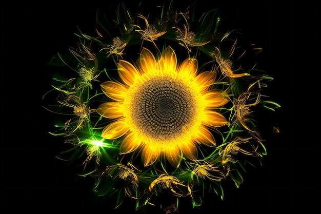 Viene mostrato un girasole giallo con riflessi verdi e gialli.