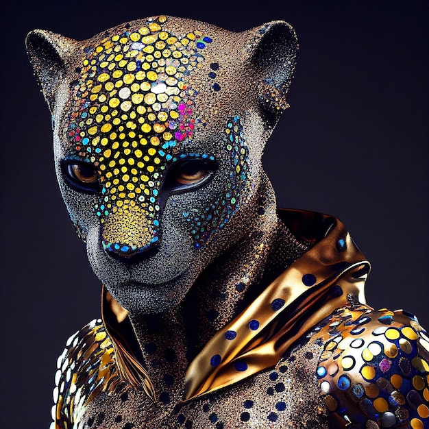 Viene mostrato un leopardo con un motivo colorato sul viso.