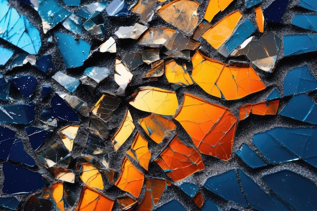 Viene mostrato un mosaico blu e arancione di vetri rotti.