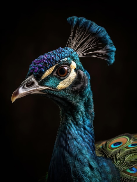 Viene mostrato un pavone con piume verdi e blu.