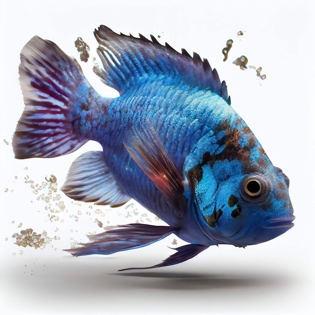 Viene mostrato un pesce azzurro con segni neri e rossi.