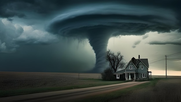 Viene mostrato un tornado davanti a una casa.