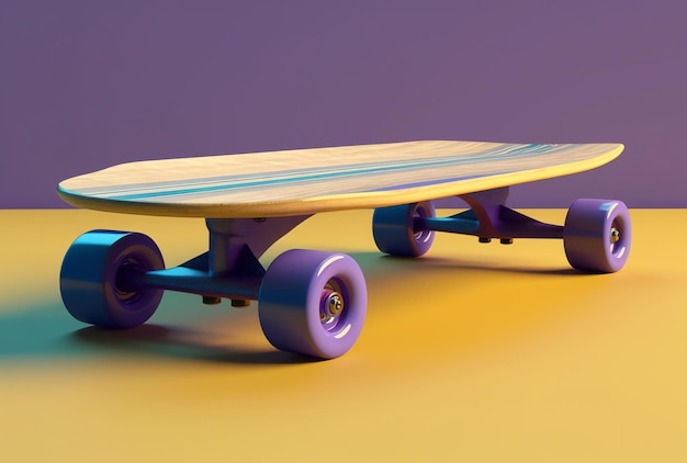 Viene mostrato uno skateboard con strisce viola e blu.