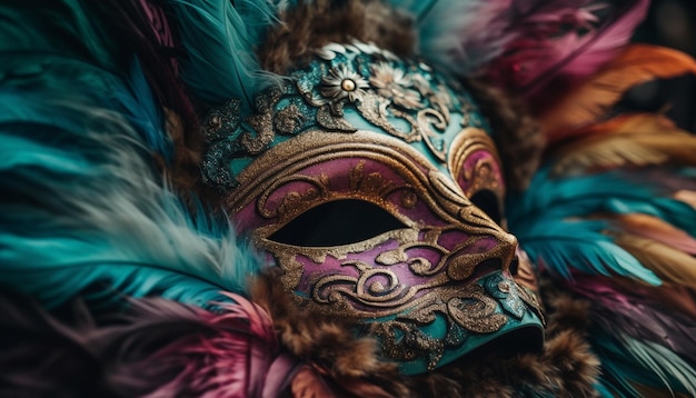 Viene visualizzata una maschera colorata con una faccia piumata.