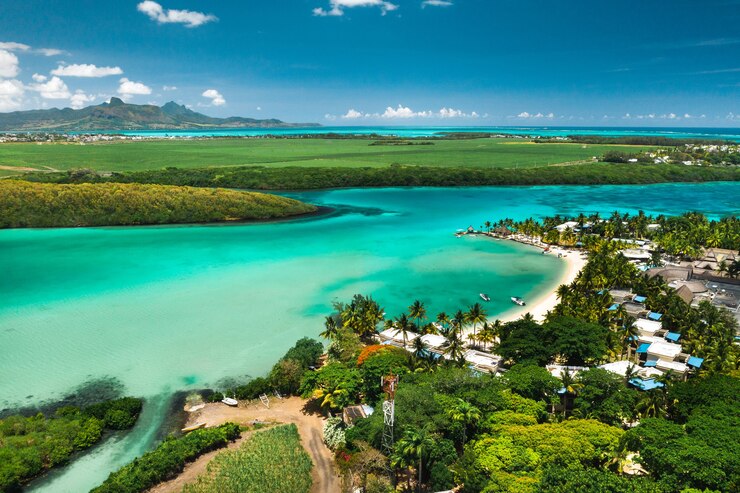 View from the height of the east coast of the island of Mauritius in the Indian Ocean. Beautiful lagoon of the island of Mauritius,