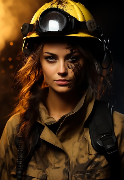 vigile del fuoco bella ragazza viso attraente che indossa il casco e tuta intera sopravvivenza servizio di moda