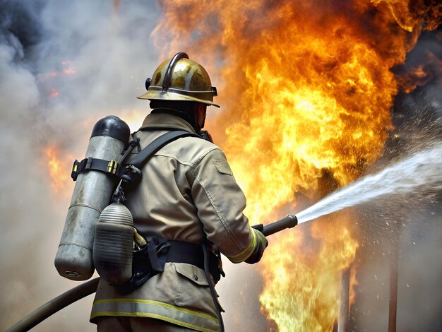 vigile del fuoco che spegne l'incendio