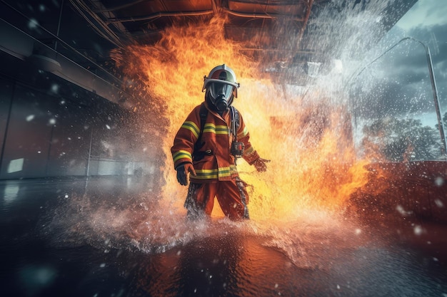 vigile del fuoco che usa acqua ed estintore per combattere con le fiamme AI