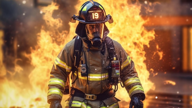 Vigile del fuoco con tuta e casco di sicurezza che combattono con il fuoco