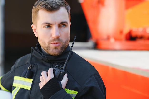 Vigile del fuoco fiducioso che indossa un'uniforme protettiva in piedi accanto a un'autopompa antincendio in un garage di un dipartimento dei vigili del fuoco