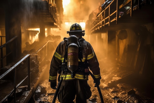 Vigile del fuoco in piena attrezzatura che sale le scale incendio violento IA generativa