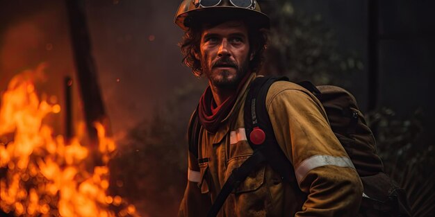 vigile del fuoco in una foresta in fiamme