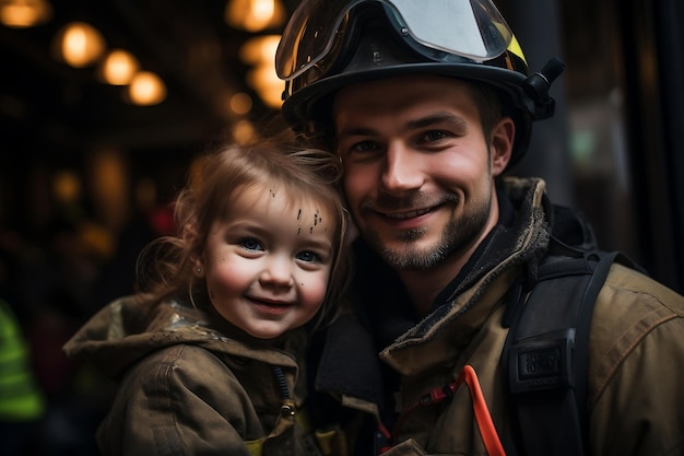 Vigile del fuoco in uniforme con AI generativa infantile