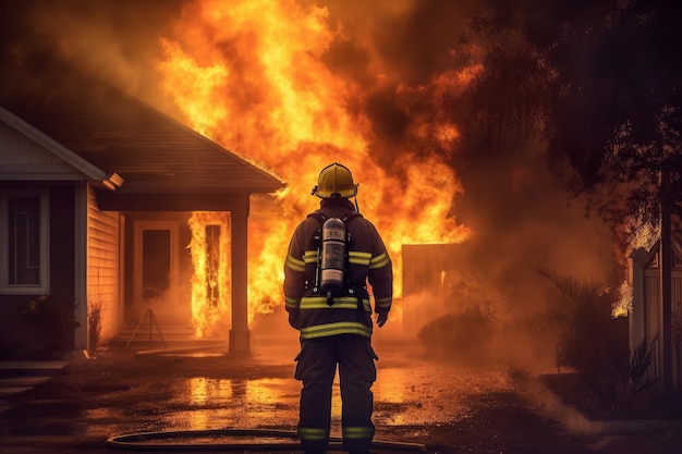 Vigile del fuoco uomo azione veloce casa in fiamme Genera Ai