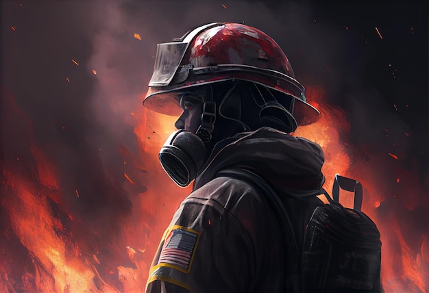 Vigile del fuoco visto da dietro con un grande incendio sullo sfondo Genera Ai