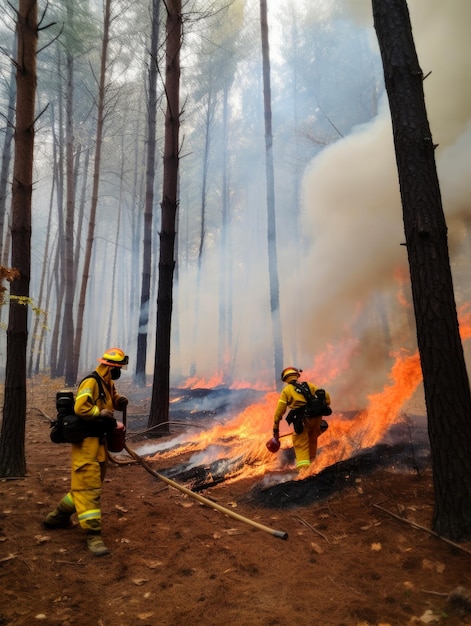 Vigili del fuoco che lavorano con il disastro ambientale Disastro naturale dell'incendio boschivo AI generativa