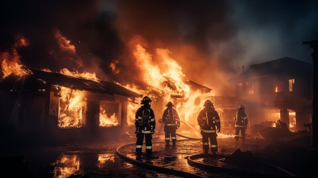 Vigili del fuoco che spengono un incendio domestico Gruppo di vigili del fuoco che spengono l'incendio che brucia su un edificio