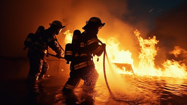 Vigili del fuoco che utilizzano acqua ad alta pressione per combattere un incendio I vigili del fuoco professionisti si addestrano per le emergenze Formazione professionale per il concetto di silhouette di sicurezza dei vigili del fuoco